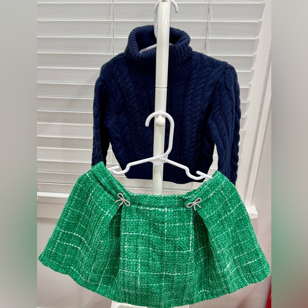 Tahari Green Tweed Skirt w/ Matching Head Band Cable Navy Sweater Kids Girls